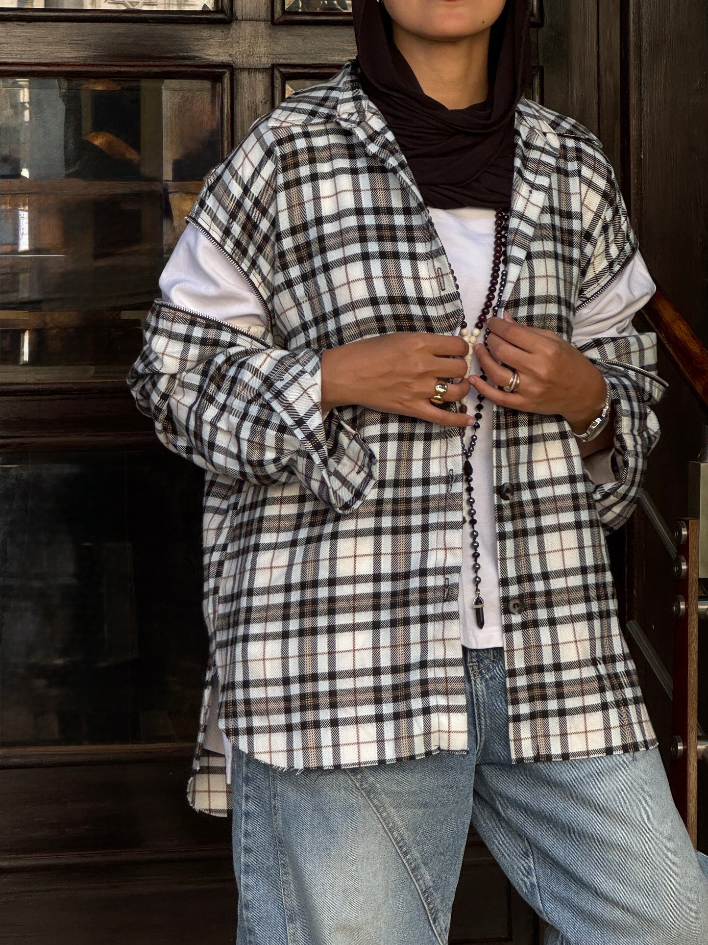 Wool Plaid Shirt with Zippered Sleeves