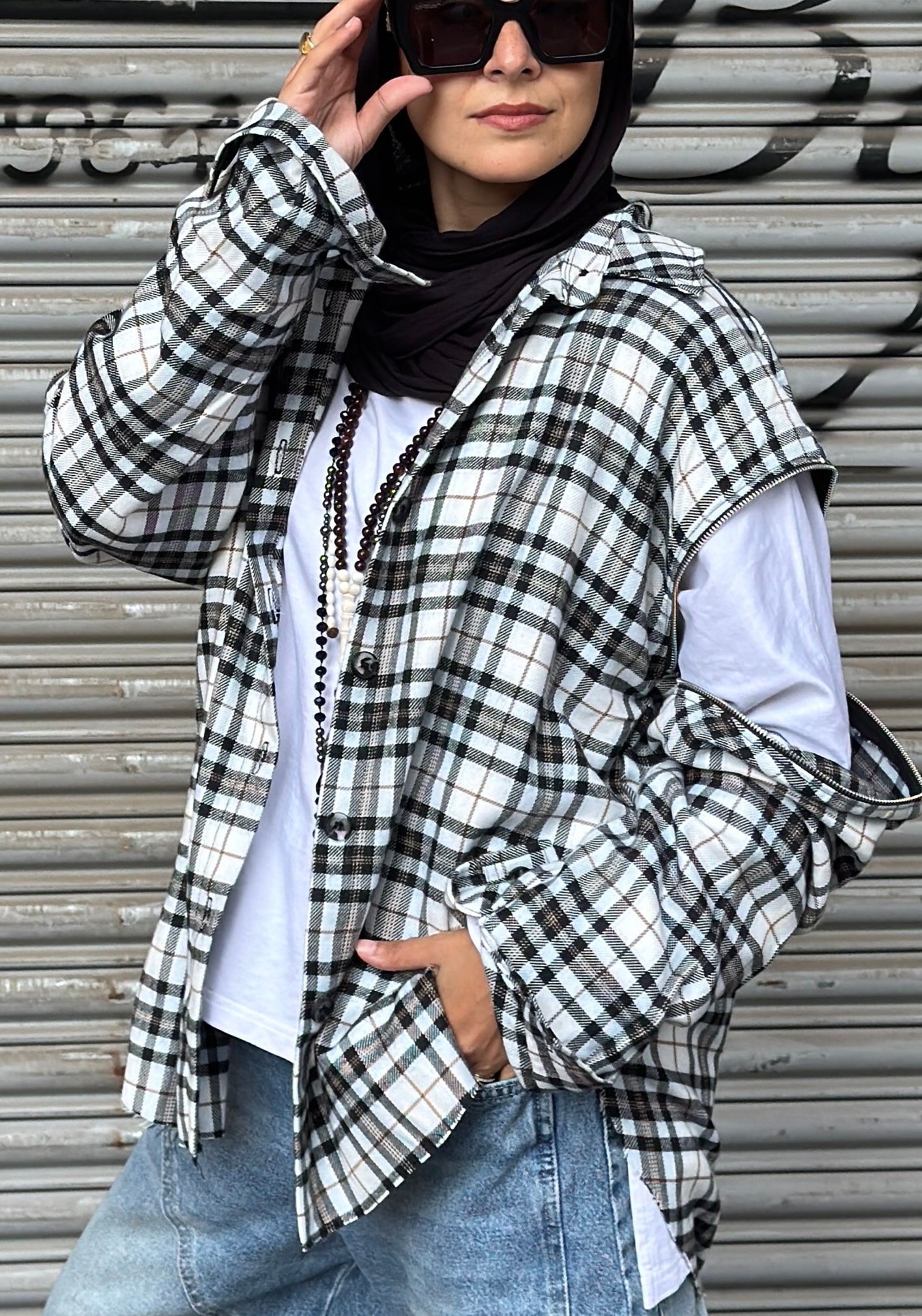 Wool Plaid Shirt with Zippered Sleeves