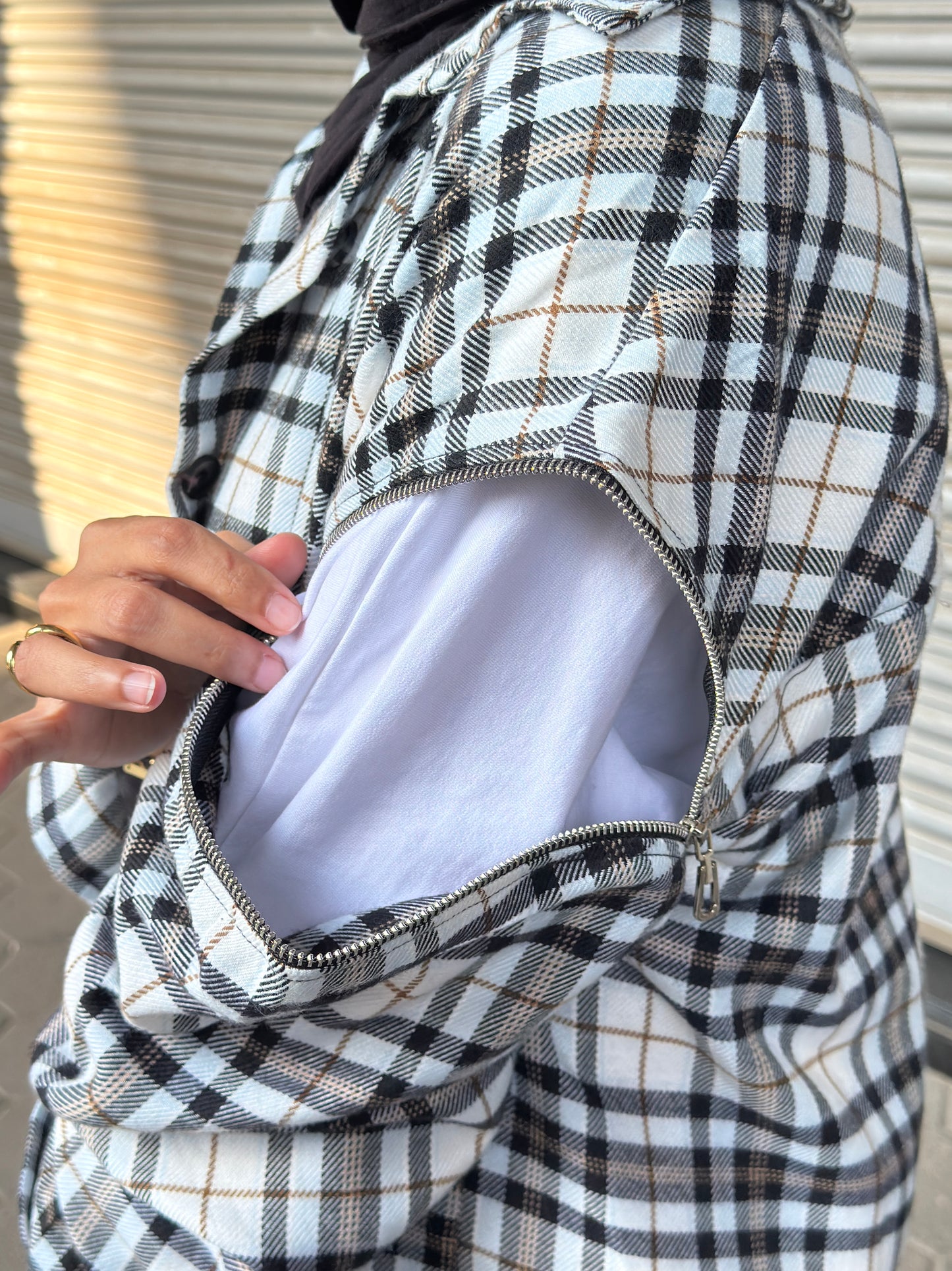 Wool Plaid Shirt with Zippered Sleeves