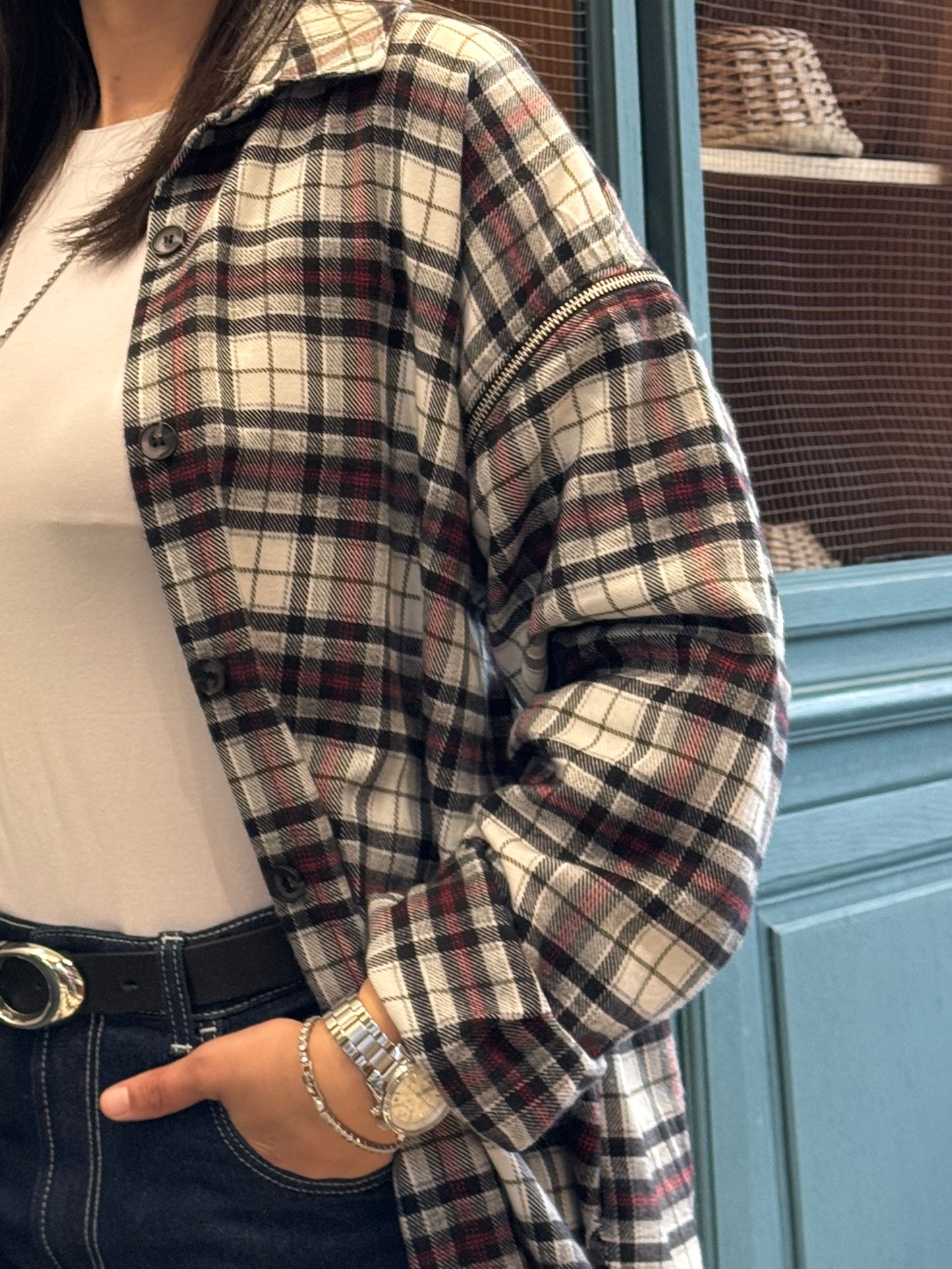 Wool Plaid Shirt with Zippered Sleeves